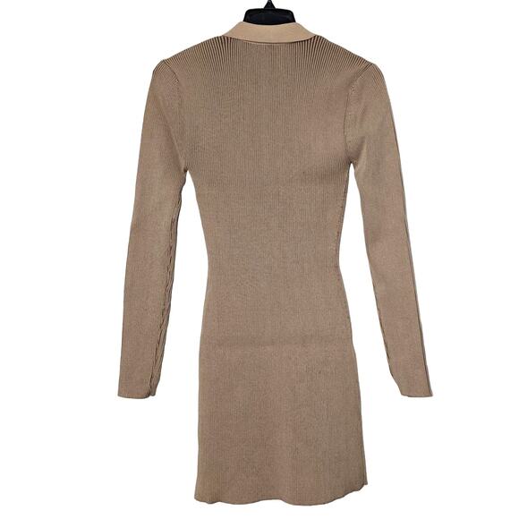 SER.O.YA Camel Beige Ribbed Knit V-Neck Long Sleeve Stretch Mini Dress Seroya XL - Picture 6 of 10